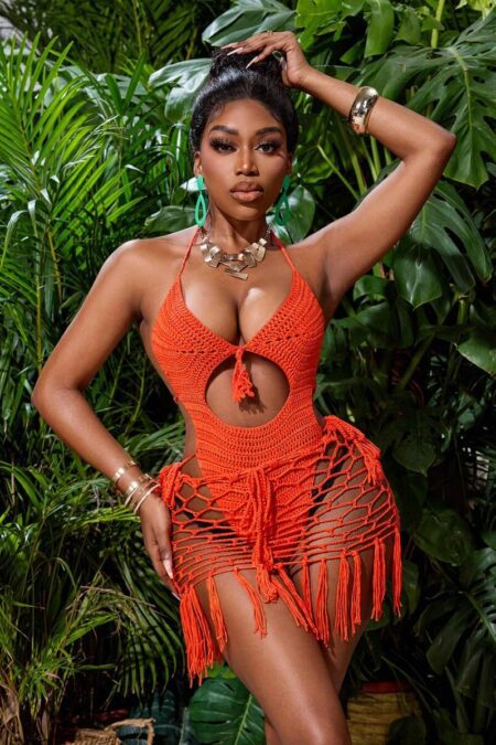 BamGleam Women Hollow-Out Backless Halter Bodysuit With Fringed Mini Skirt, Perfect For Vacation