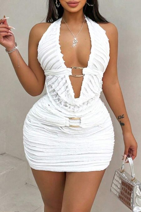 Foxxy Women's Solid Color Halter Neck Hollow Out Backless Crop Top & Skirt Set