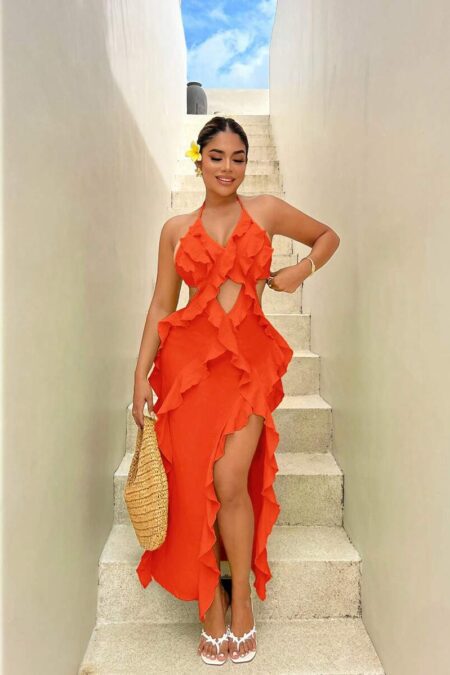 Ruffle Hem Backless Spaghetti Strap Sleeveless Dress