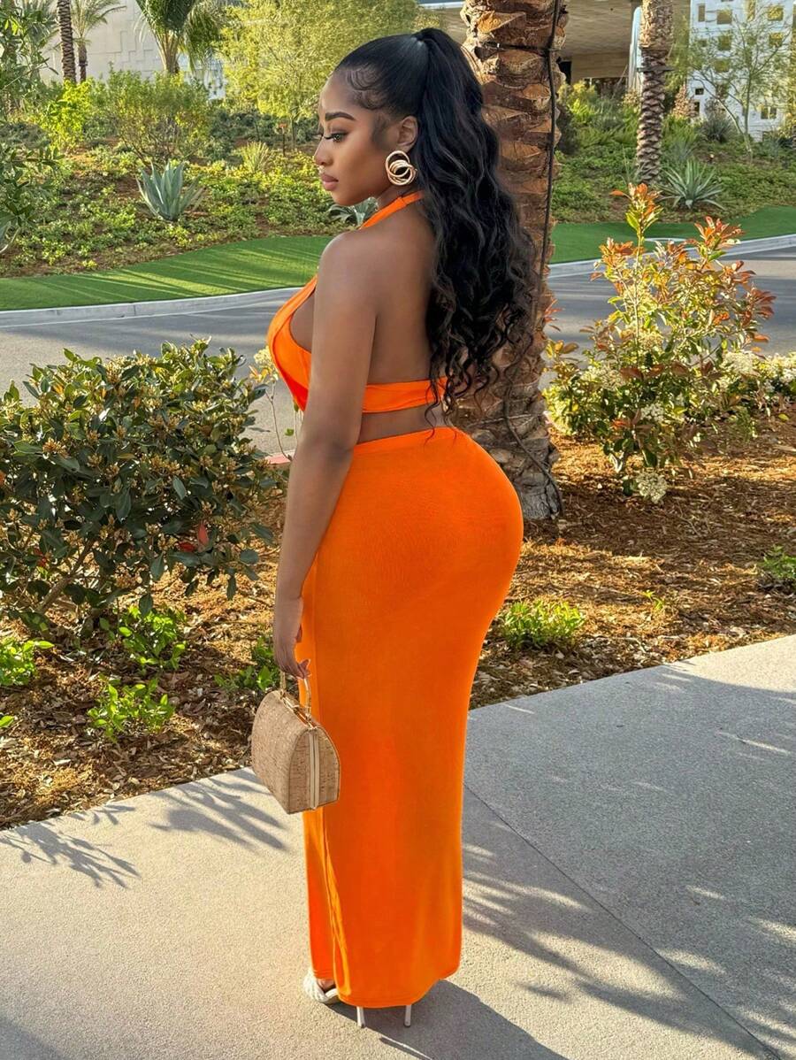 BamGleam Women Sexy Crowl Halter Top V-Neck Cami Top And Maxi Skirt Two Piece Set For Club Party Outfit - Image 2