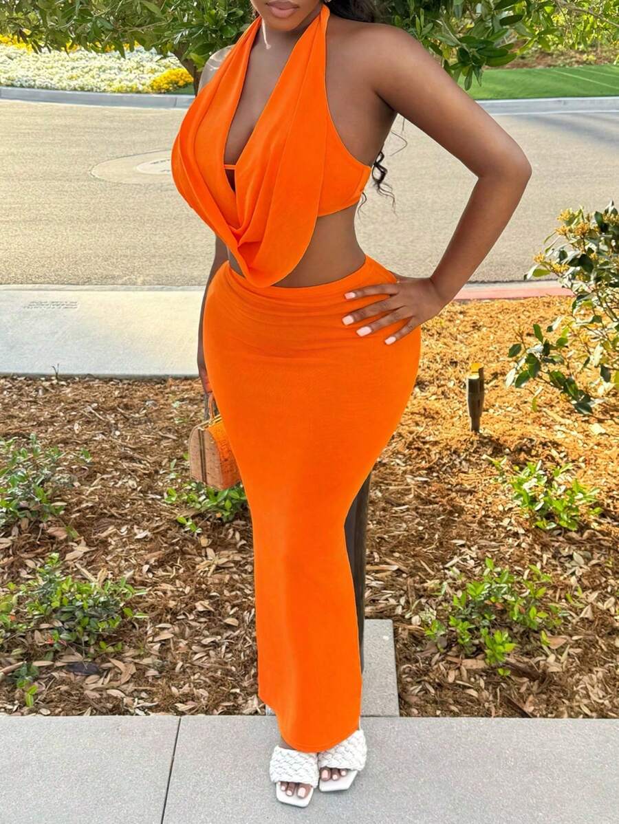 BamGleam Women Sexy Crowl Halter Top V-Neck Cami Top And Maxi Skirt Two Piece Set For Club Party Outfit - Image 3