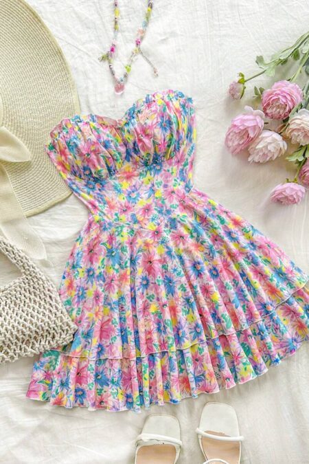 Women's Floral Layered Bandeau Sundress For Summer Vacation