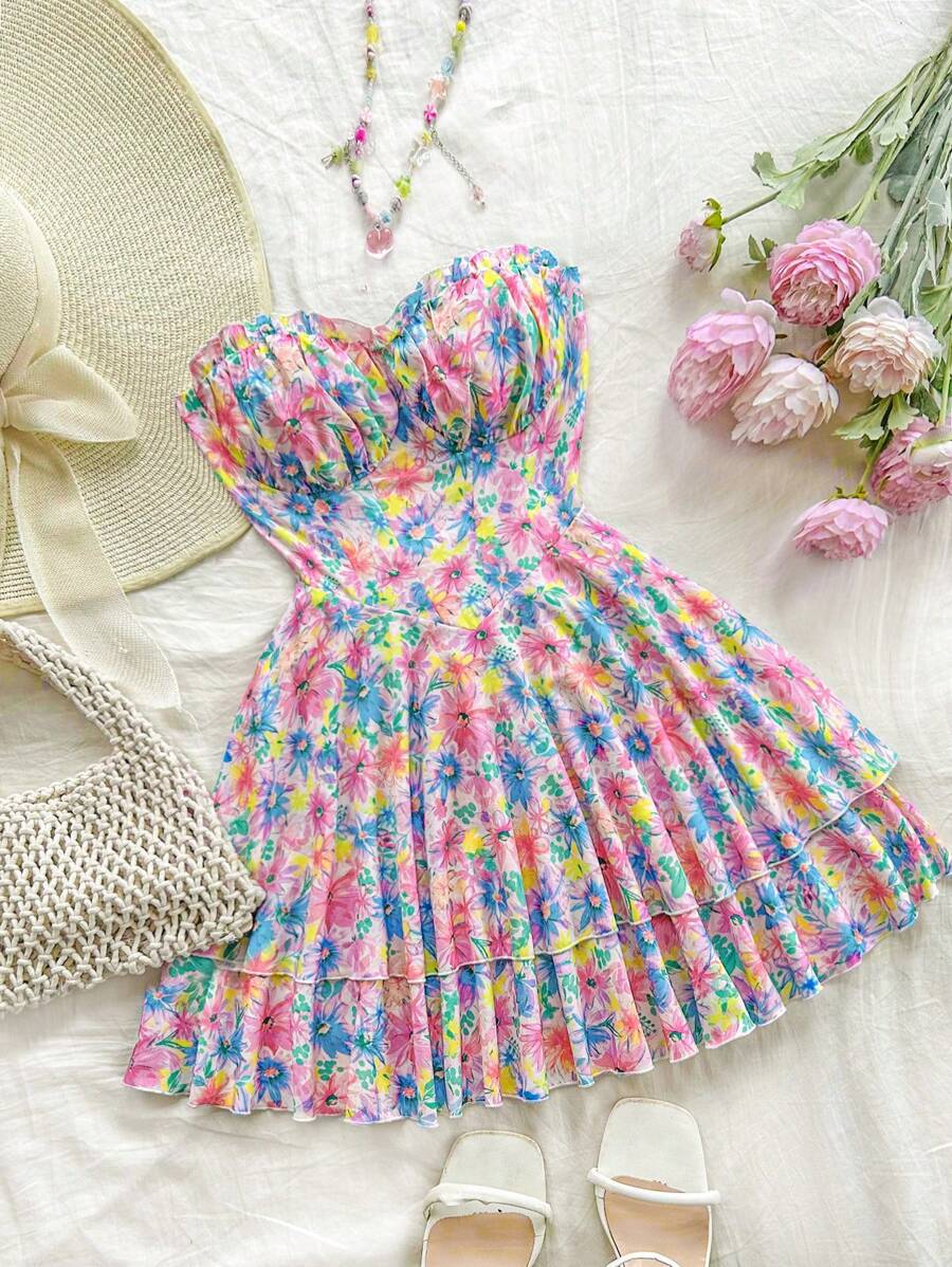 Women's Floral Layered Bandeau Sundress For Summer Vacation