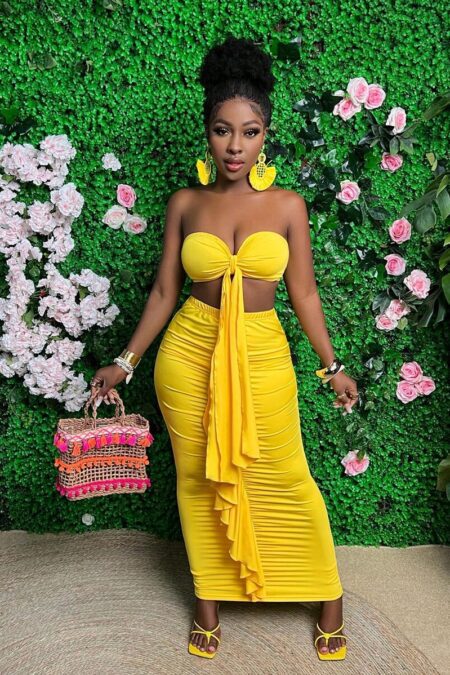 Slayr Yellow Vacation Ruffle Hem Tube Top And Two-Piece Set