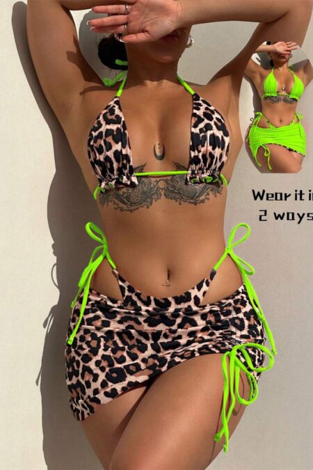 Swim SXY 2pcs 2-In-1 Leopard Print Two-Piece Swimsuit 3-Piece Set Summer
