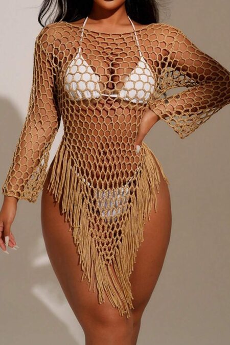 Swim SXY Summer Beach Women's Fashionable Hollow Out Long Sleeve Fringed Cover Up