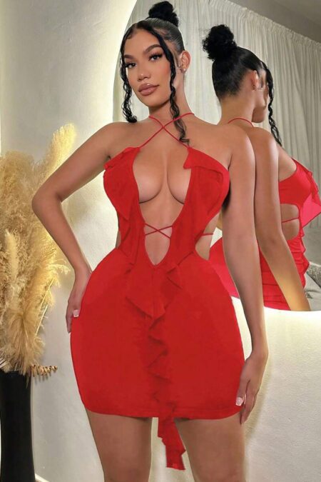 Women Ruffle Trim Cut Out Deep V Neck Sexy Dress