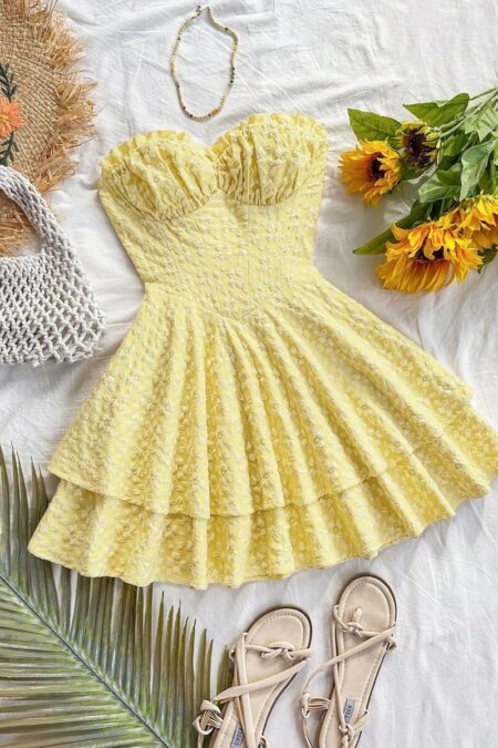 Women's Vacation Canary Yellow Textured Fabric Cute Sexy Cinched Waist A-Line Mini Slip Dress