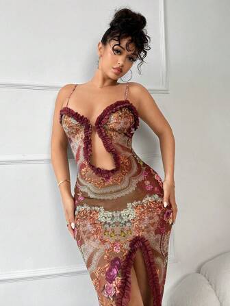 SXY Women's Floral Print Sleeveless Ruffled Cutout Bodycon Midi Dress