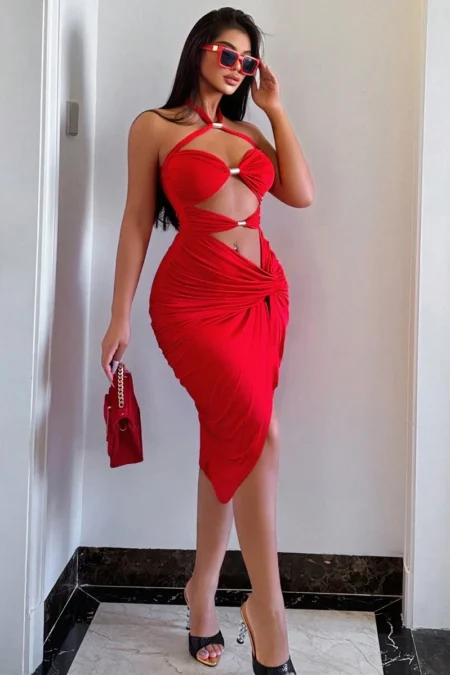 Allurite Women's Solid Color Pleated Twist Knot Cutout Halter Neck Dress For New Year Clothes