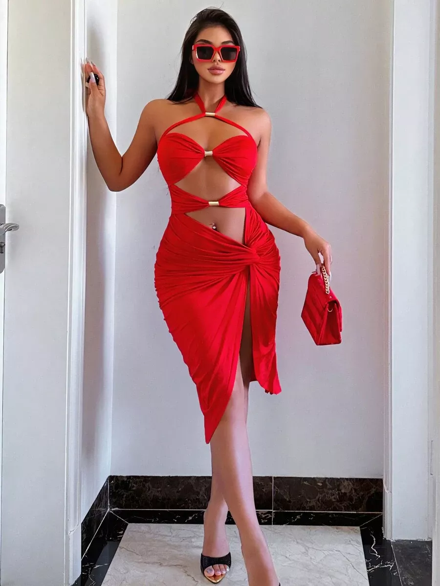 Allurite Women's Solid Color Pleated Twist Knot Cutout Halter Neck Dress For New Year Clothes - Image 3