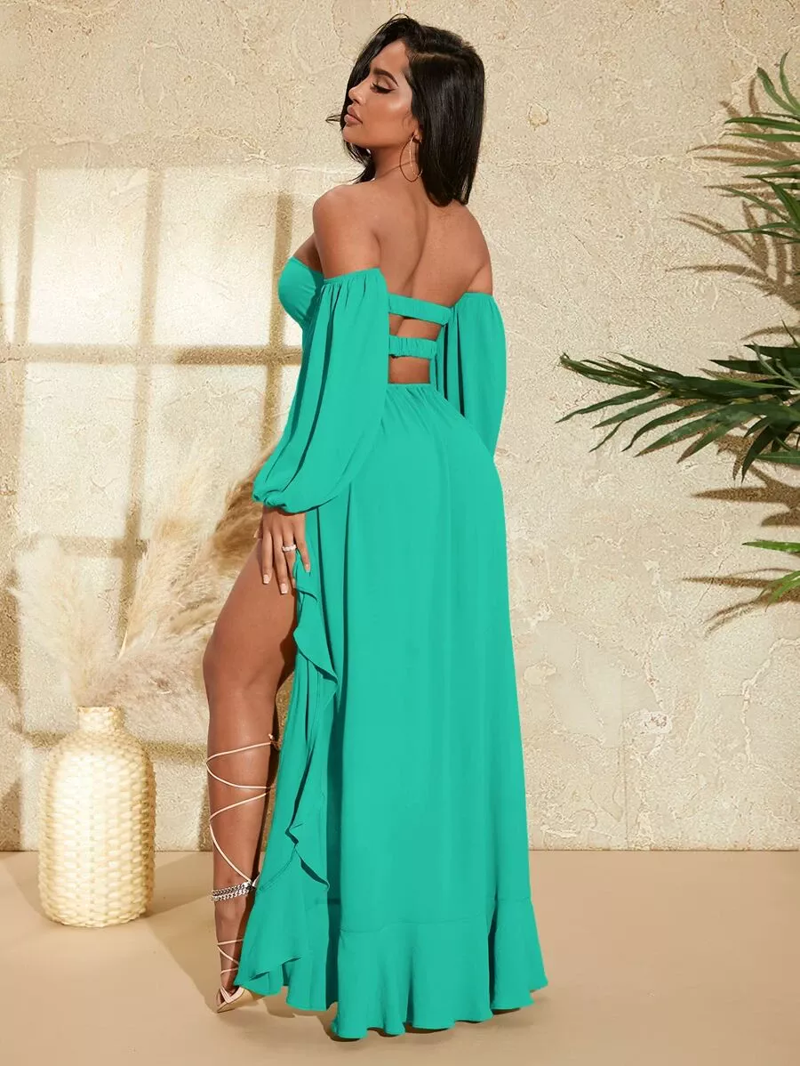 Off Shoulder Ring Linked Cut Out Ruffle Trim Split Thigh Dress - Image 2