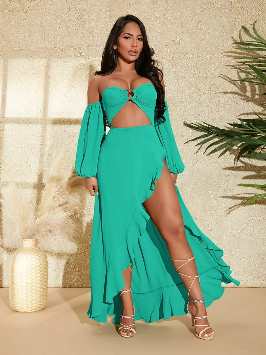 Off Shoulder Ring Linked Cut Out Ruffle Trim Split Thigh Dress - Image 3