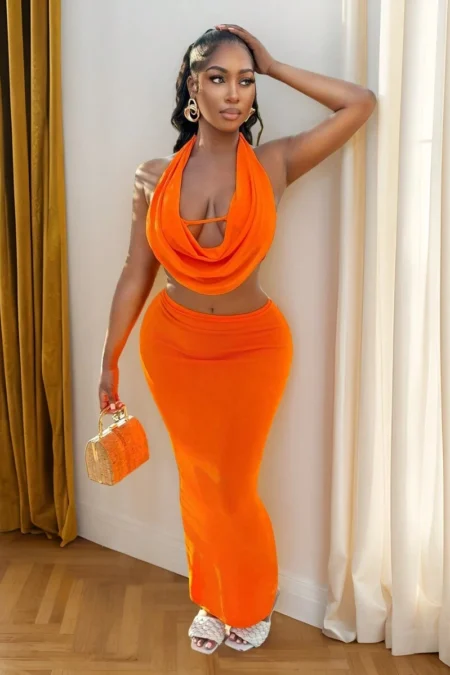 BamGleam Women Sexy Crowl Halter Top V-Neck Cami Top And Maxi Skirt Two Piece Set For Club Party Outfit