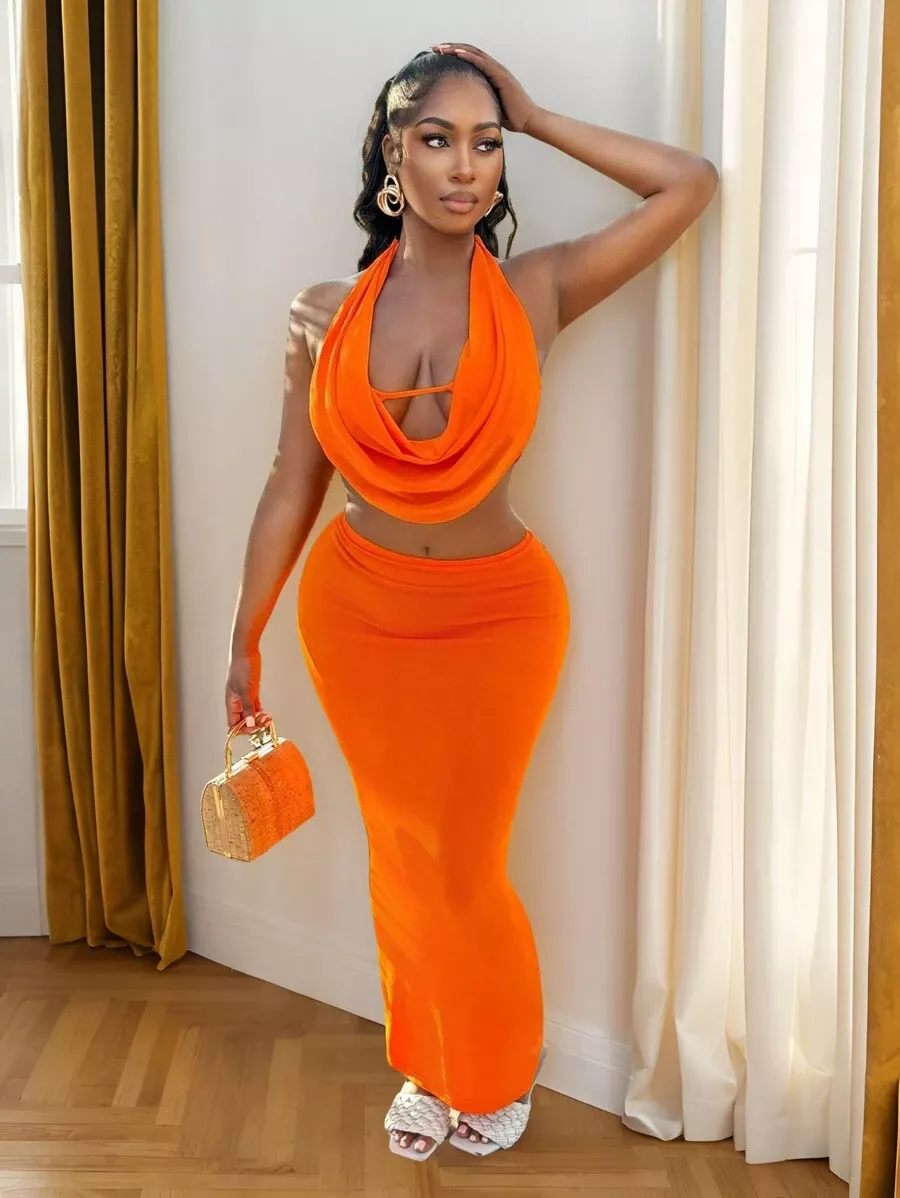 BamGleam Women Sexy Crowl Halter Top V-Neck Cami Top And Maxi Skirt Two Piece Set For Club Party Outfit