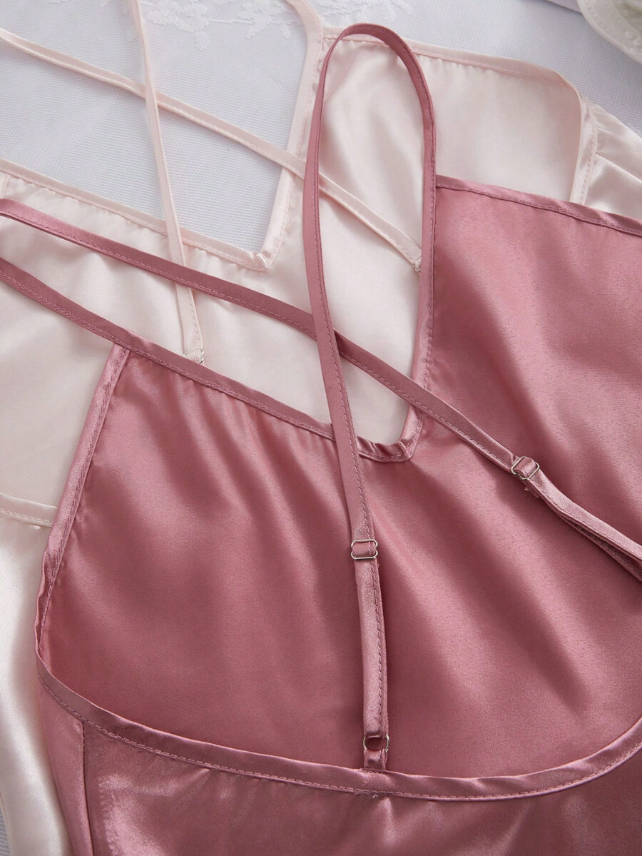 2 Sets Of Solid Color Silk-Like Camisole And Shorts Pajama Set - Image 4