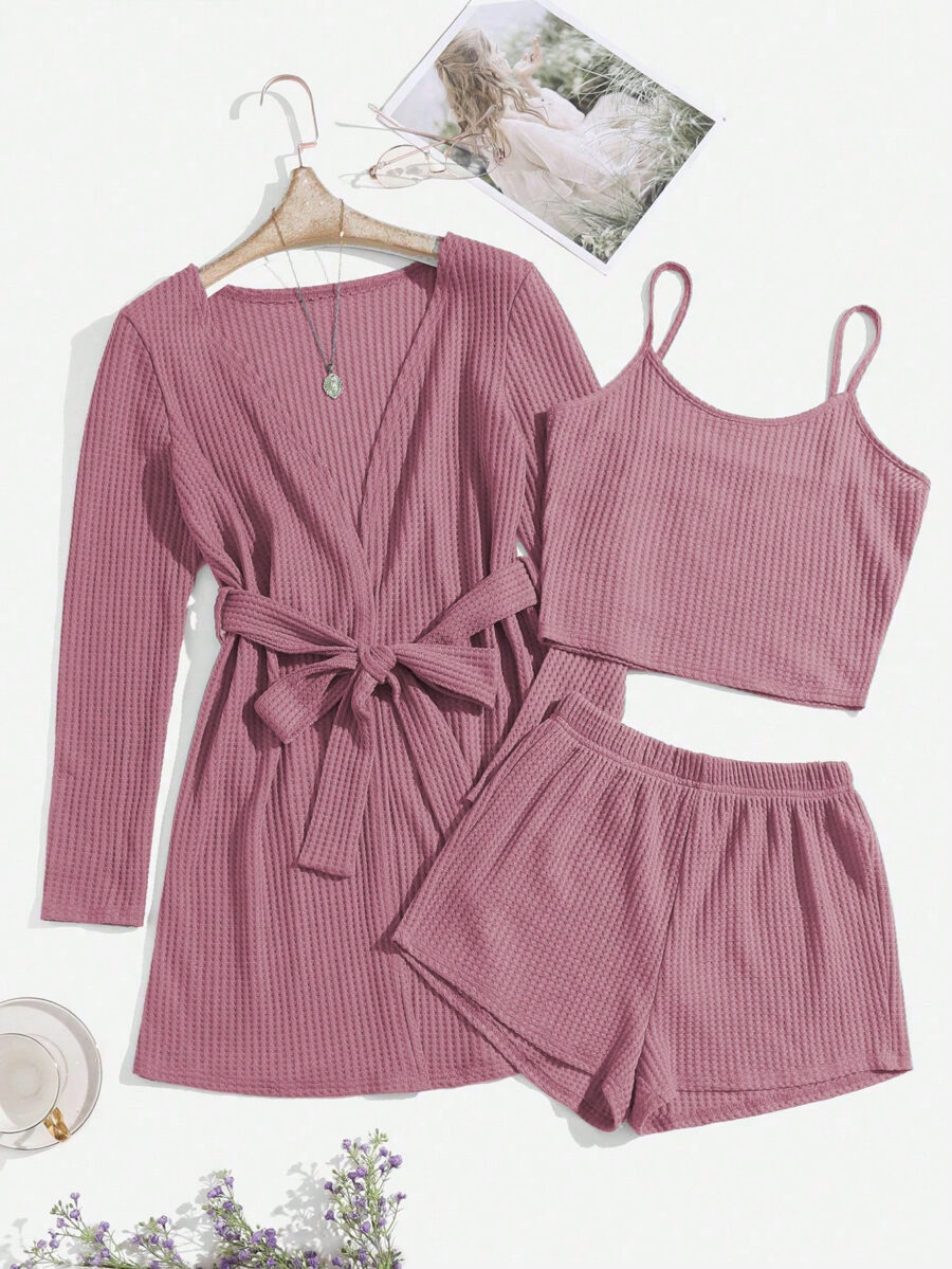 3pcs Waffle Knit Belted Lounge Set - Image 7
