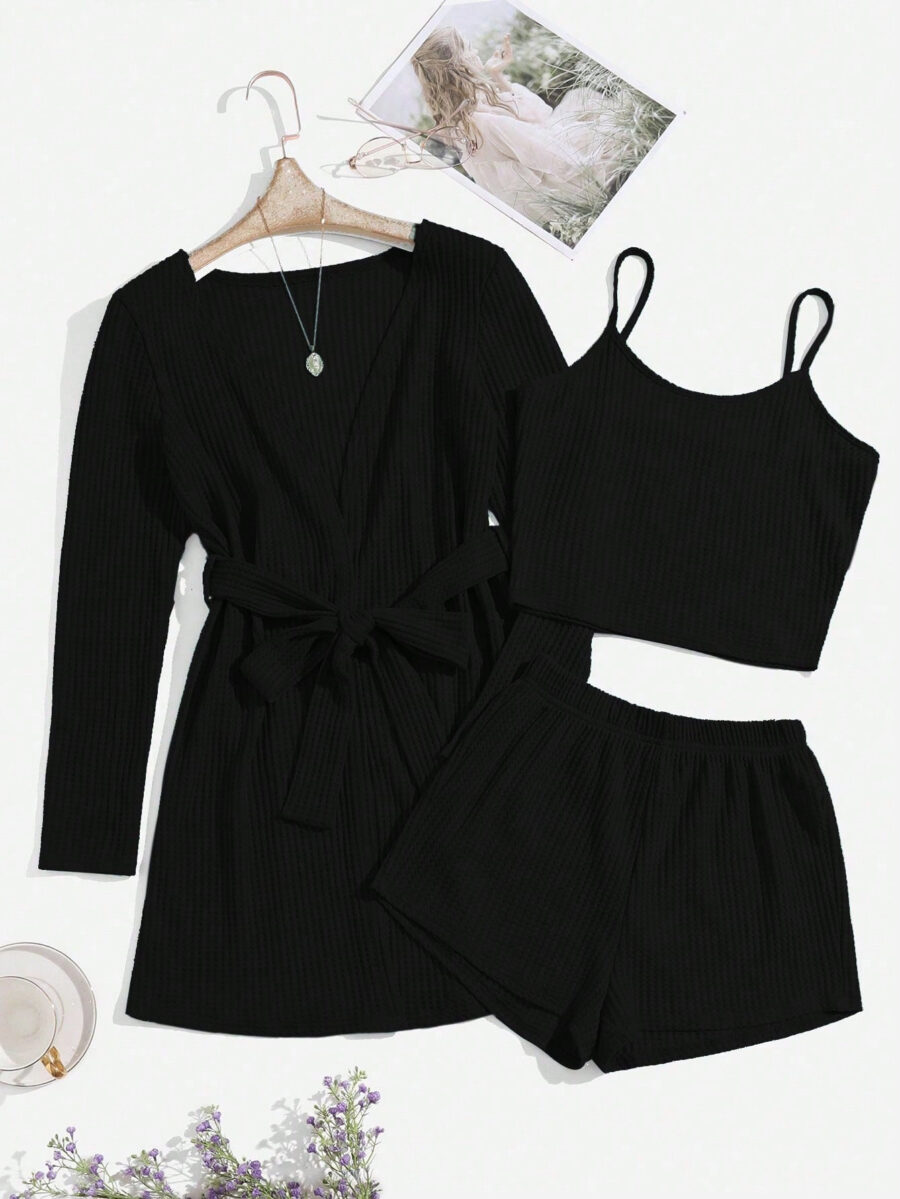 3pcs Waffle Knit Belted Lounge Set - Image 8