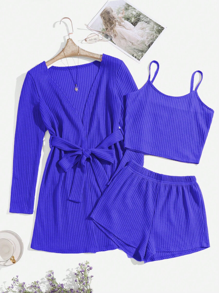 3pcs Waffle Knit Belted Lounge Set - Image 10