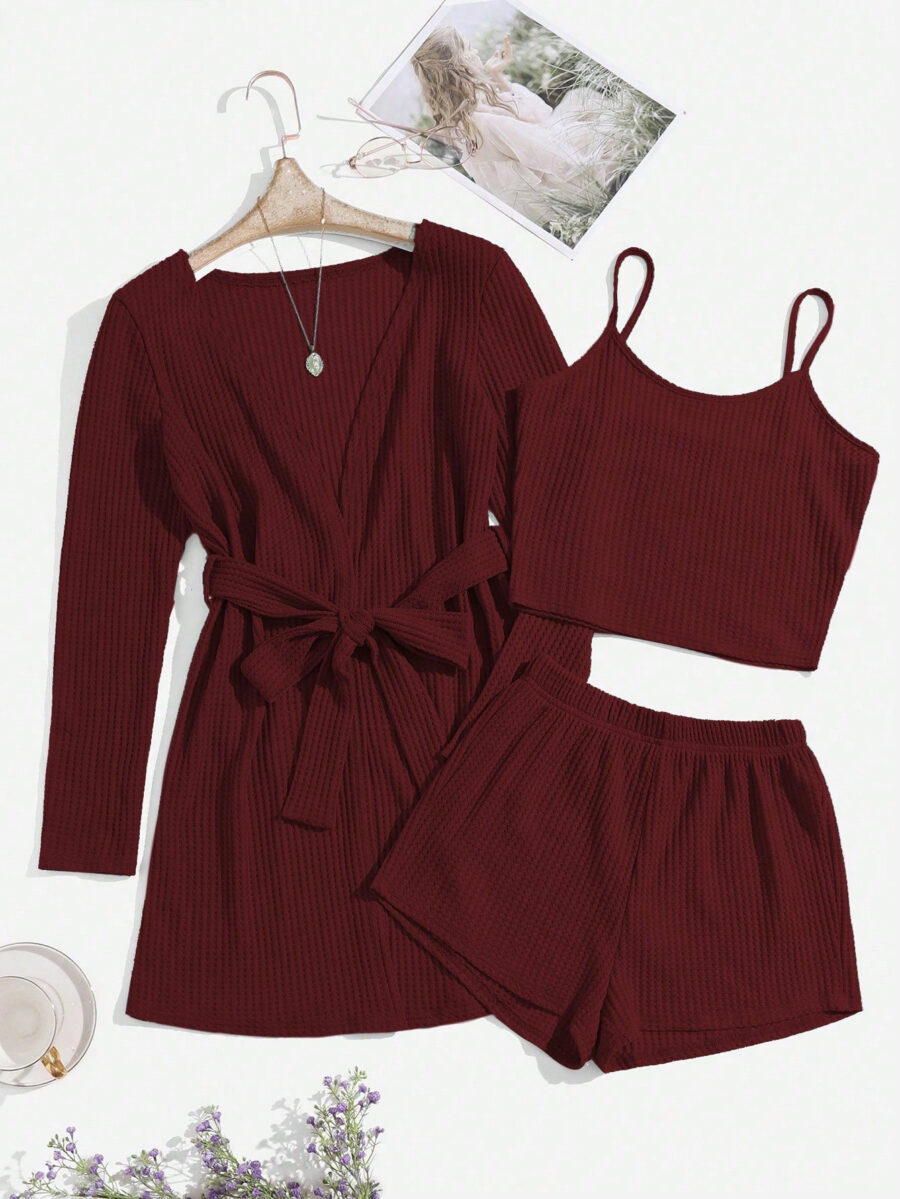 3pcs Waffle Knit Belted Lounge Set - Image 11