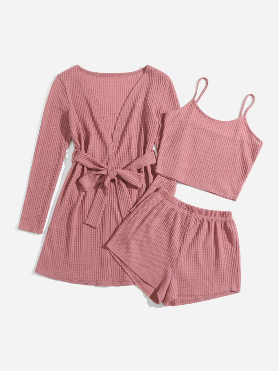 3pcs Waffle Knit Belted Lounge Set - Image 15