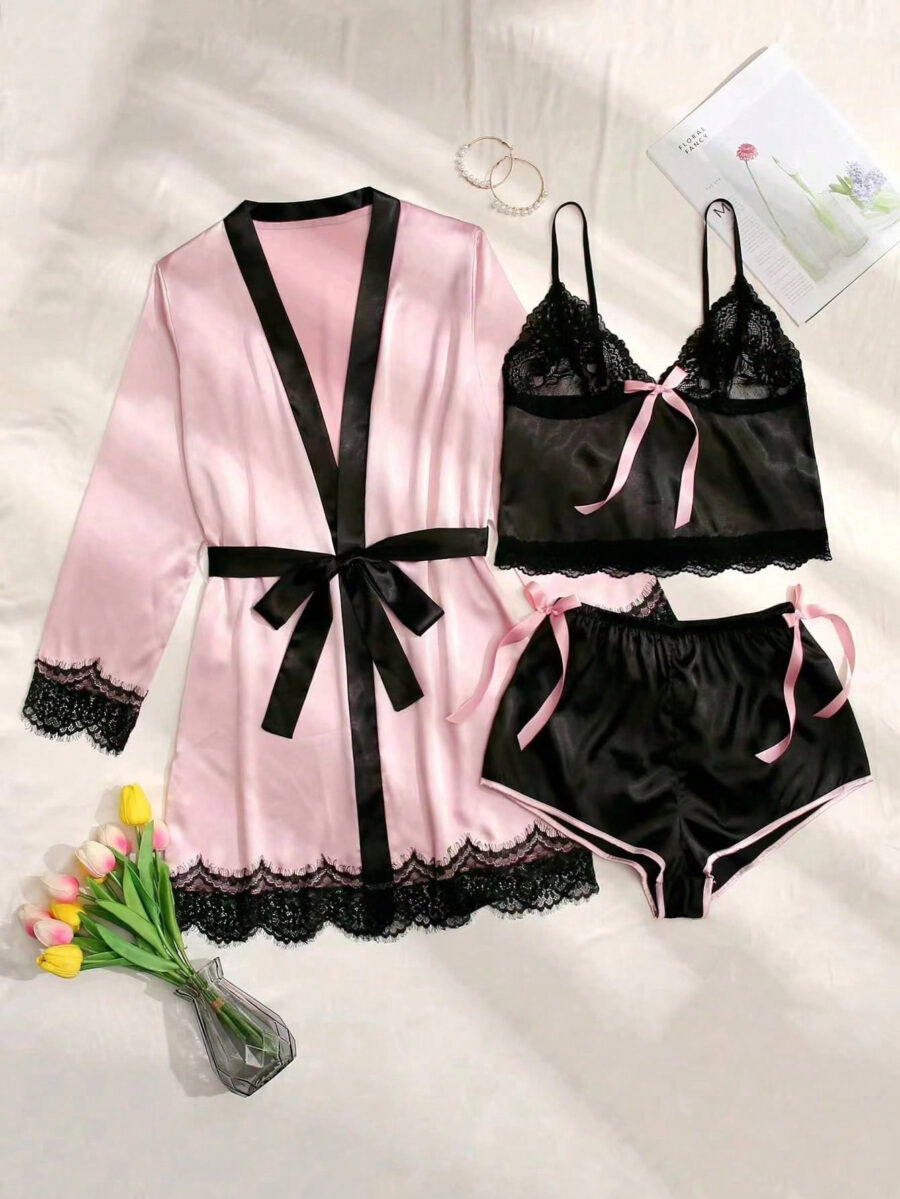 3pcs Lace Panel Bow Front Contrast Trim Belted PJ Set / Pajama Set - Image 3