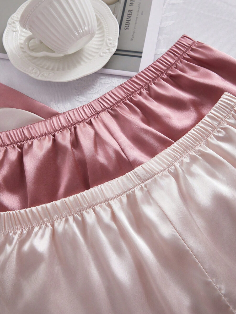 2 Sets Of Solid Color Silk-Like Camisole And Shorts Pajama Set - Image 13
