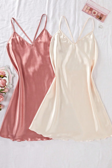 Women's Spaghetti Strap Backless Gentle Sweet Solid Color Cross-Strap Satin Nightdress Two-Color