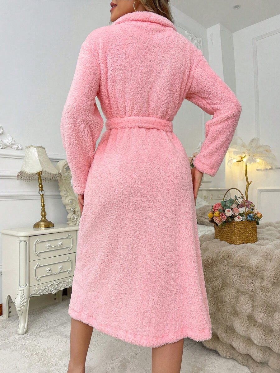 Soft Heart Embroidery Women Plush Robe, Pink, Suitable For Teenage Girls, Autumn/Winter Homewear - Image 9