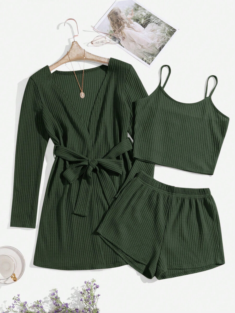 3pcs Waffle Knit Belted Lounge Set - Image 21