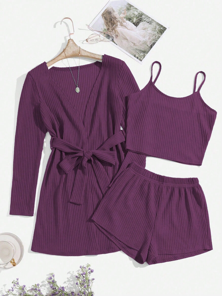 3pcs Waffle Knit Belted Lounge Set - Image 25
