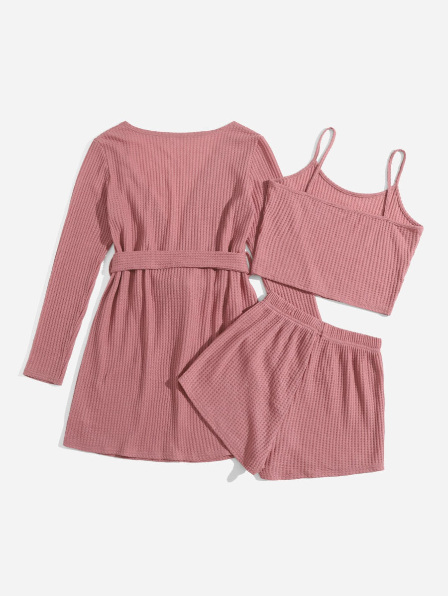 3pcs Waffle Knit Belted Lounge Set - Image 30