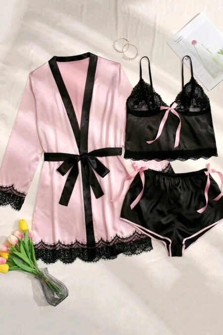 3pcs Lace Panel Bow Front Contrast Trim Belted PJ Set / Pajama Set