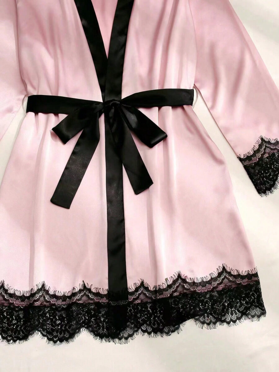 3pcs Lace Panel Bow Front Contrast Trim Belted PJ Set / Pajama Set - Image 11