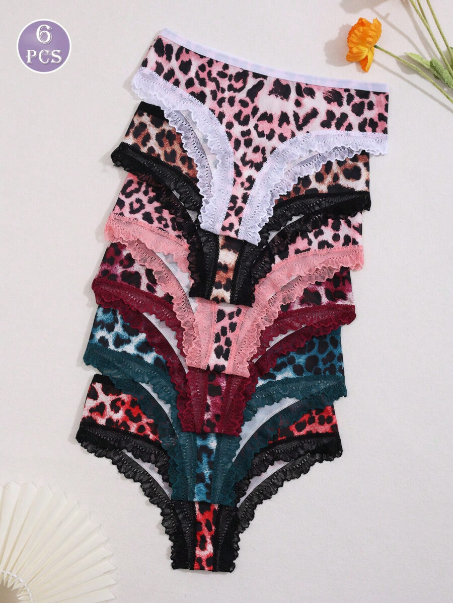 6pcs Women's Leopard Print Contrast Lace Low-Waist Bikini Briefs