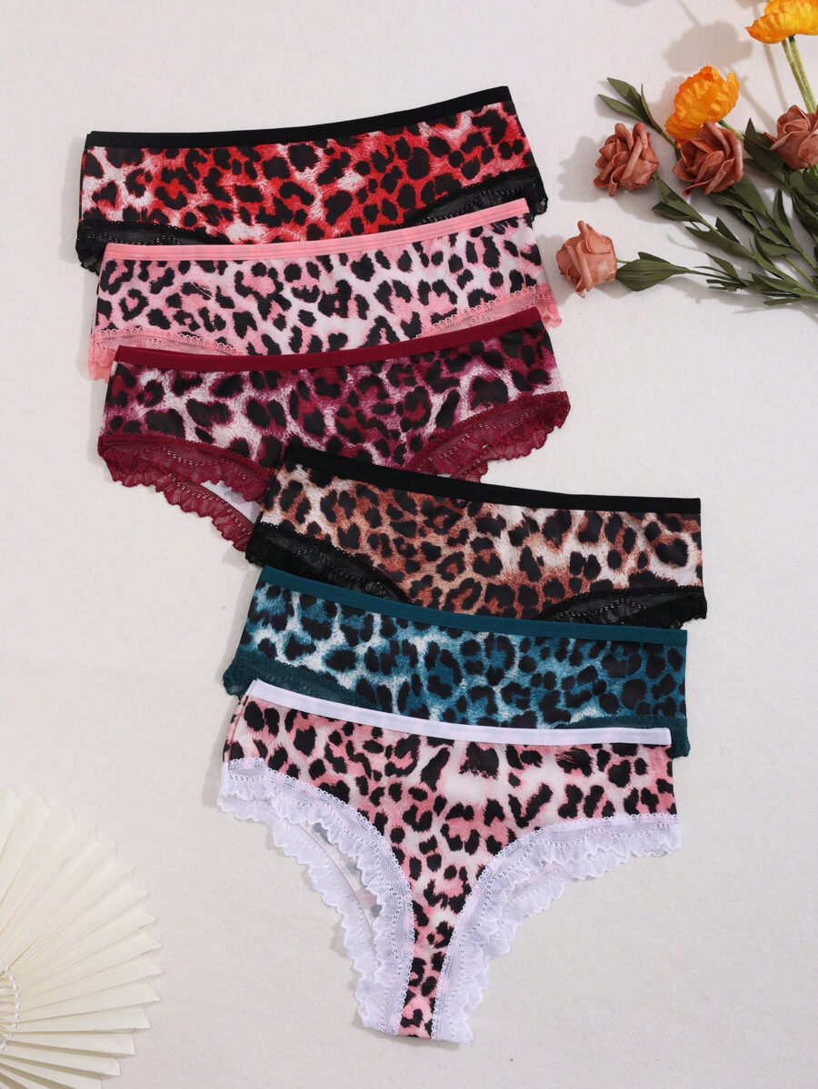 6pcs Women's Leopard Print Contrast Lace Low-Waist Bikini Briefs - Image 6