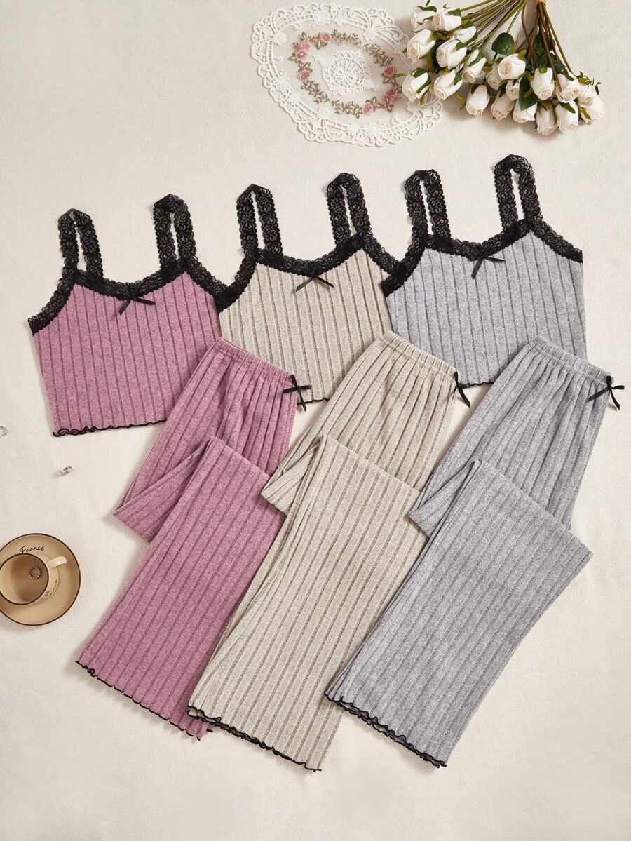 3pcs Set: Lace Texture Rib Camisole And Pants Combination