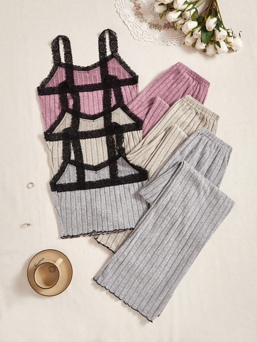 3pcs Set: Lace Texture Rib Camisole And Pants Combination - Image 2