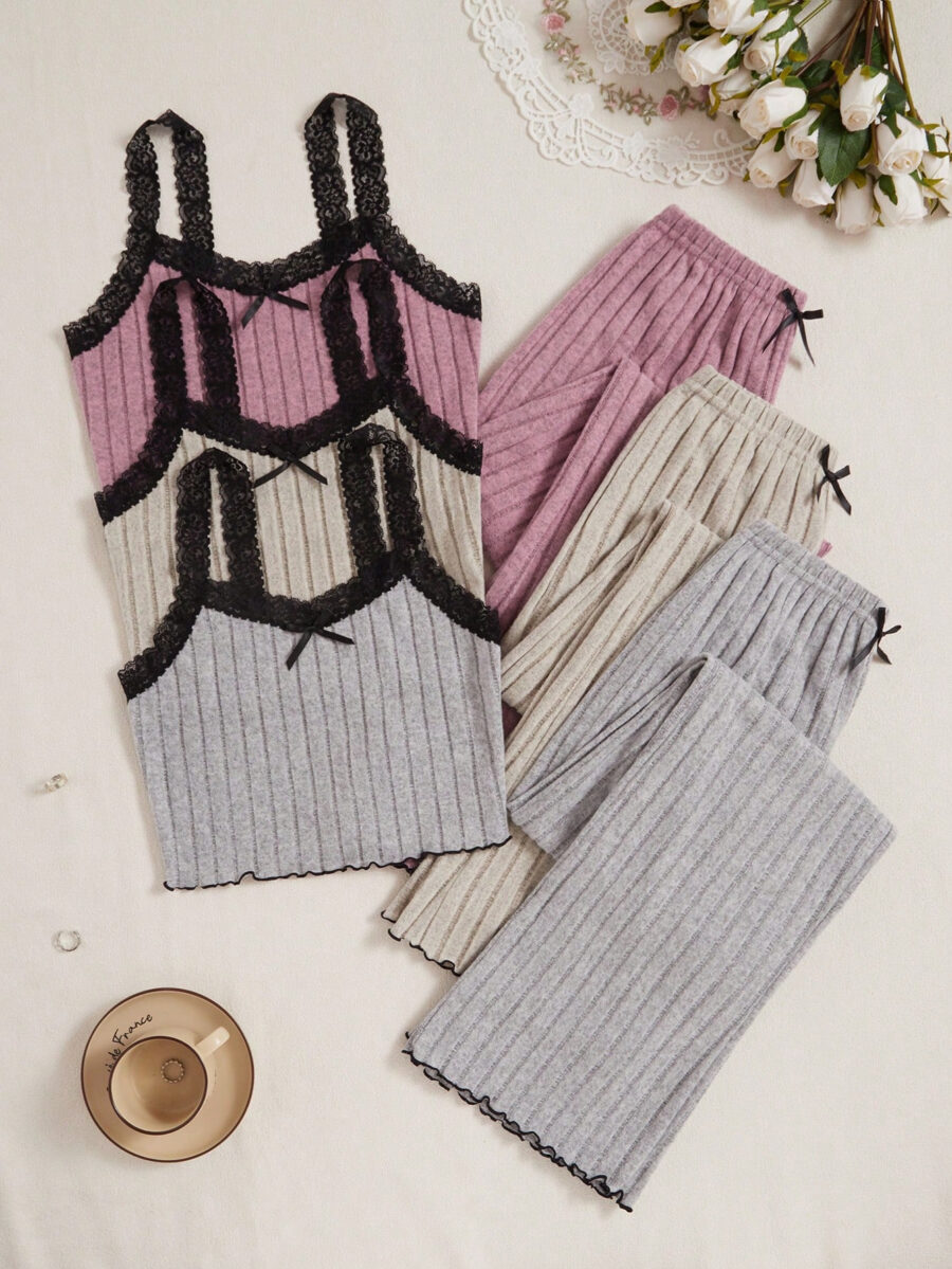 3pcs Set: Lace Texture Rib Camisole And Pants Combination - Image 3