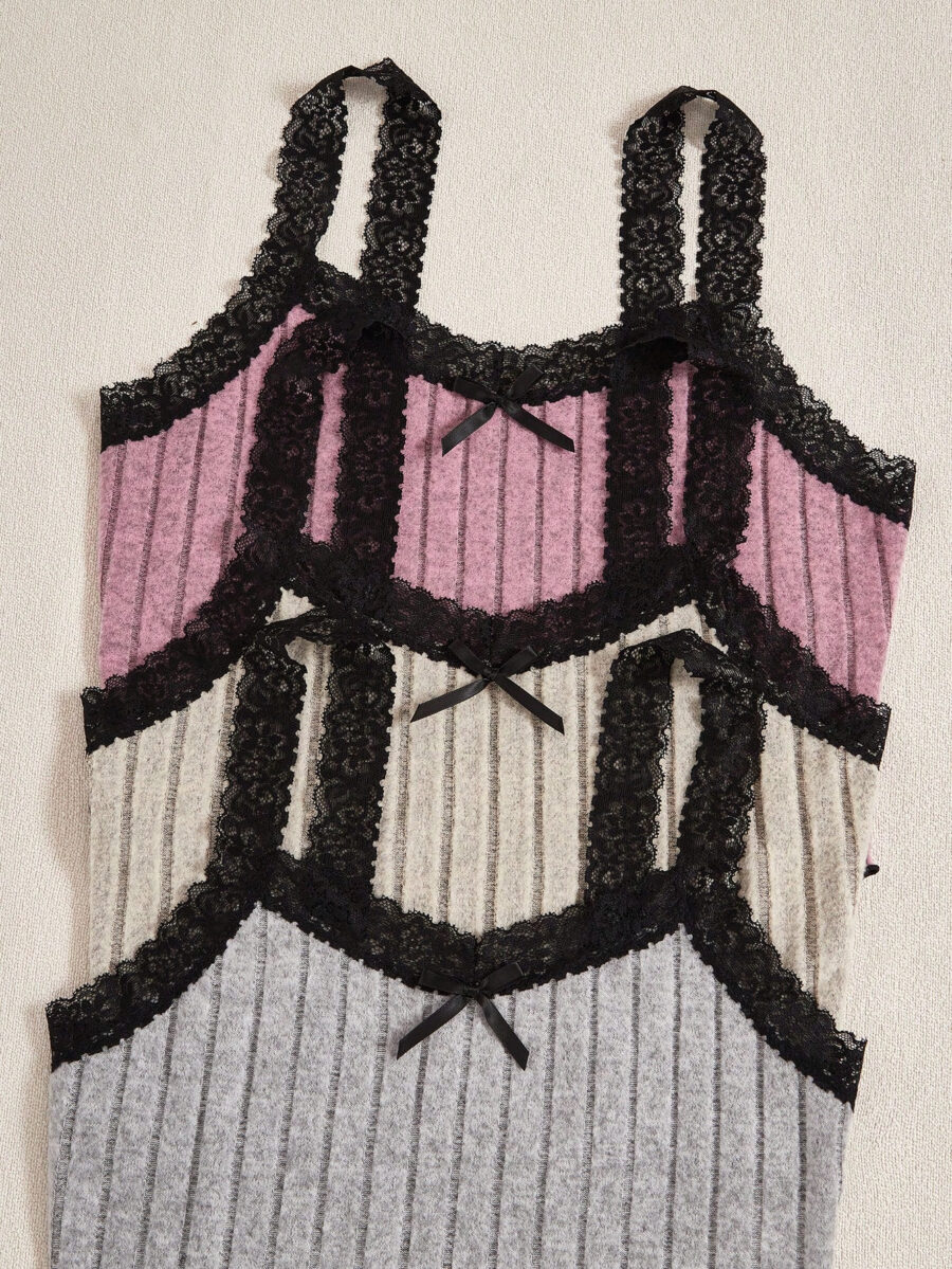 3pcs Set: Lace Texture Rib Camisole And Pants Combination - Image 4