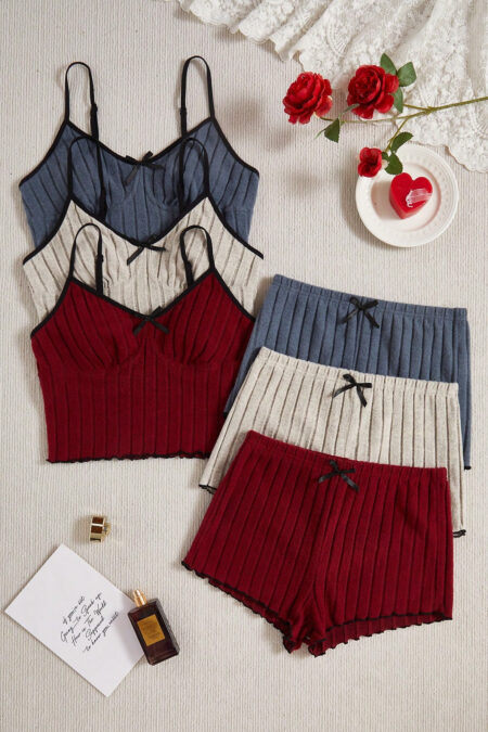3pcs Women Casual Bow Decor Camisole & Shorts Home Wear Set