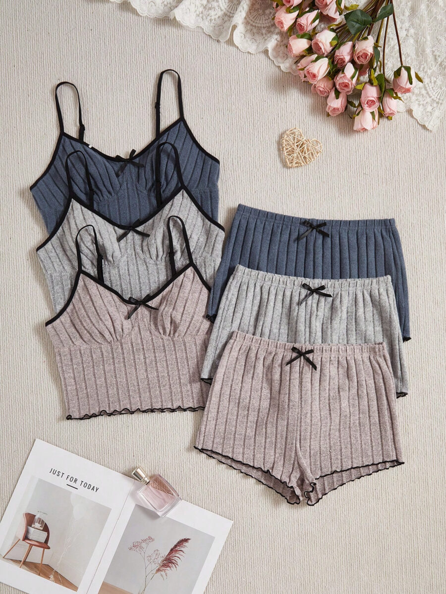 3pcs Women Casual Bow Decor Camisole & Shorts Home Wear Set - Image 4
