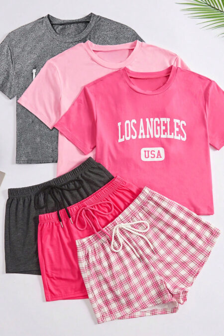 Women's Loungewear Set, Round Neck Letter Print Short Sleeve Top And Drawstring Plaid Shorts