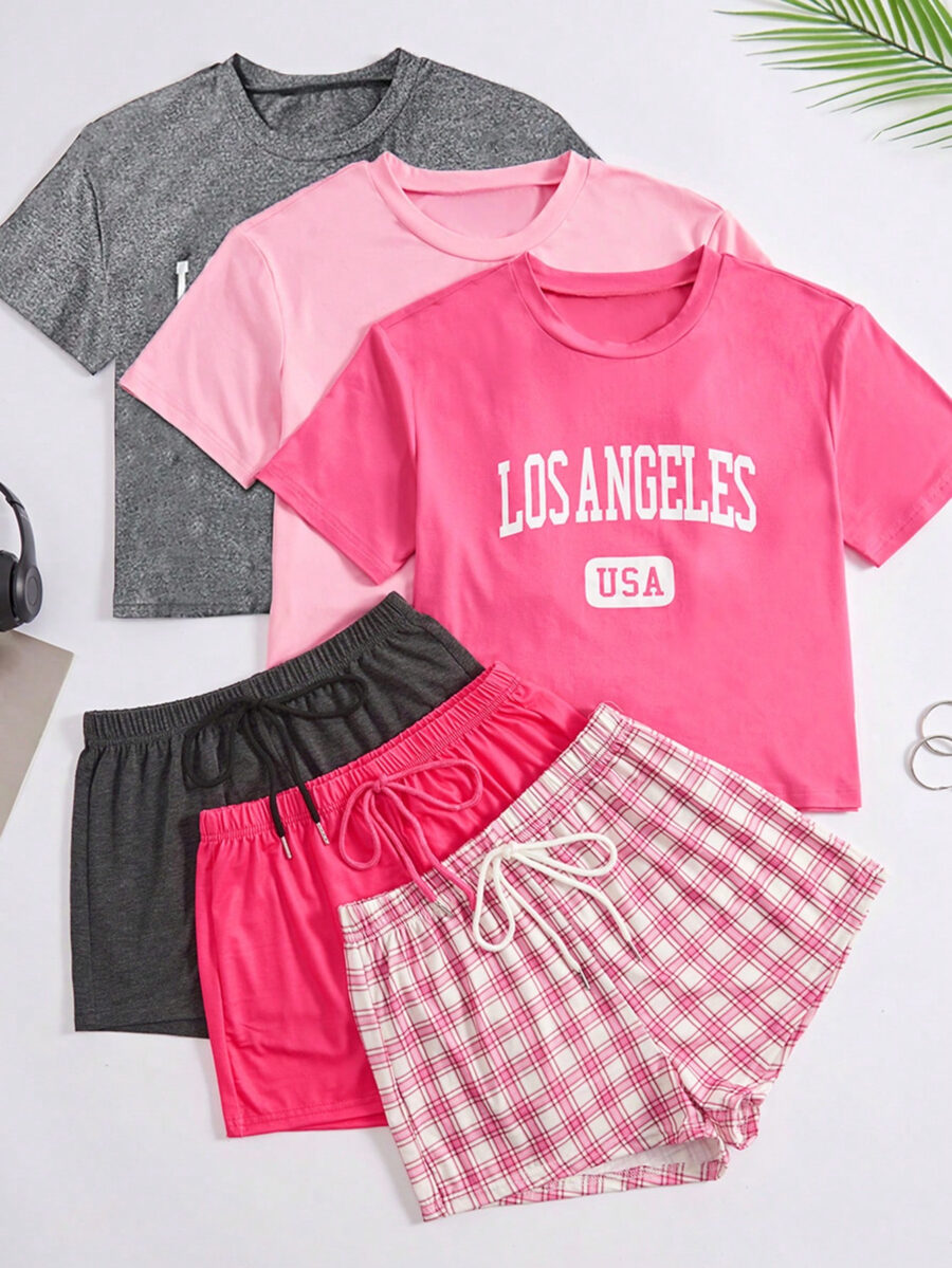 Women's Loungewear Set, Round Neck Letter Print Short Sleeve Top And Drawstring Plaid Shorts