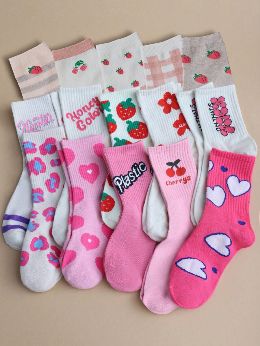 5 Pairs Random Pink Women's College Style Comfortable Breathable Mid-Calf Socks With English Heart And Strawberry Patterns
