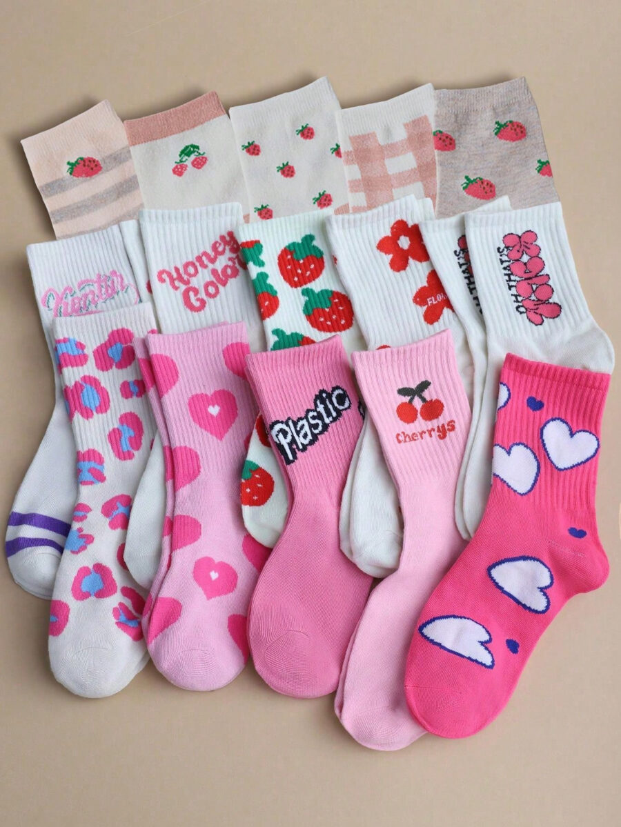 5 Pairs Random Pink Women's College Style Comfortable Breathable Mid-Calf Socks With English Heart And Strawberry Patterns - Image 10