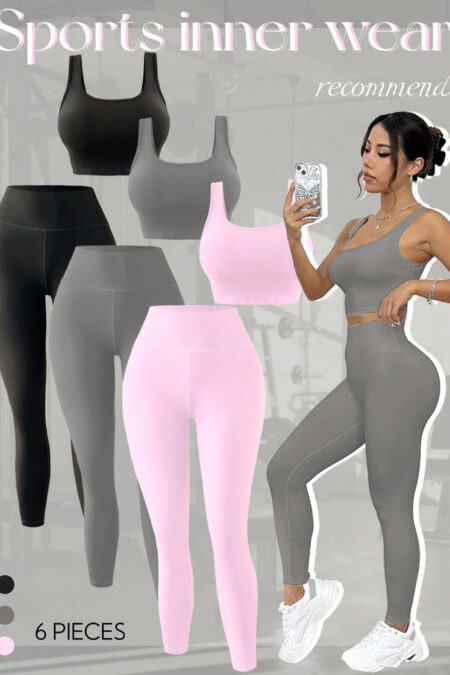SHABREYA Sport Studio Women's 6-Piece Yoga Outfit, Including Form-Fitting Scoop Neck Tank Top, High Waisted Leggings, Sexy Butt-Lifting Essential Activewear Sports Set For Workout, Running, Gym Workout Women Set