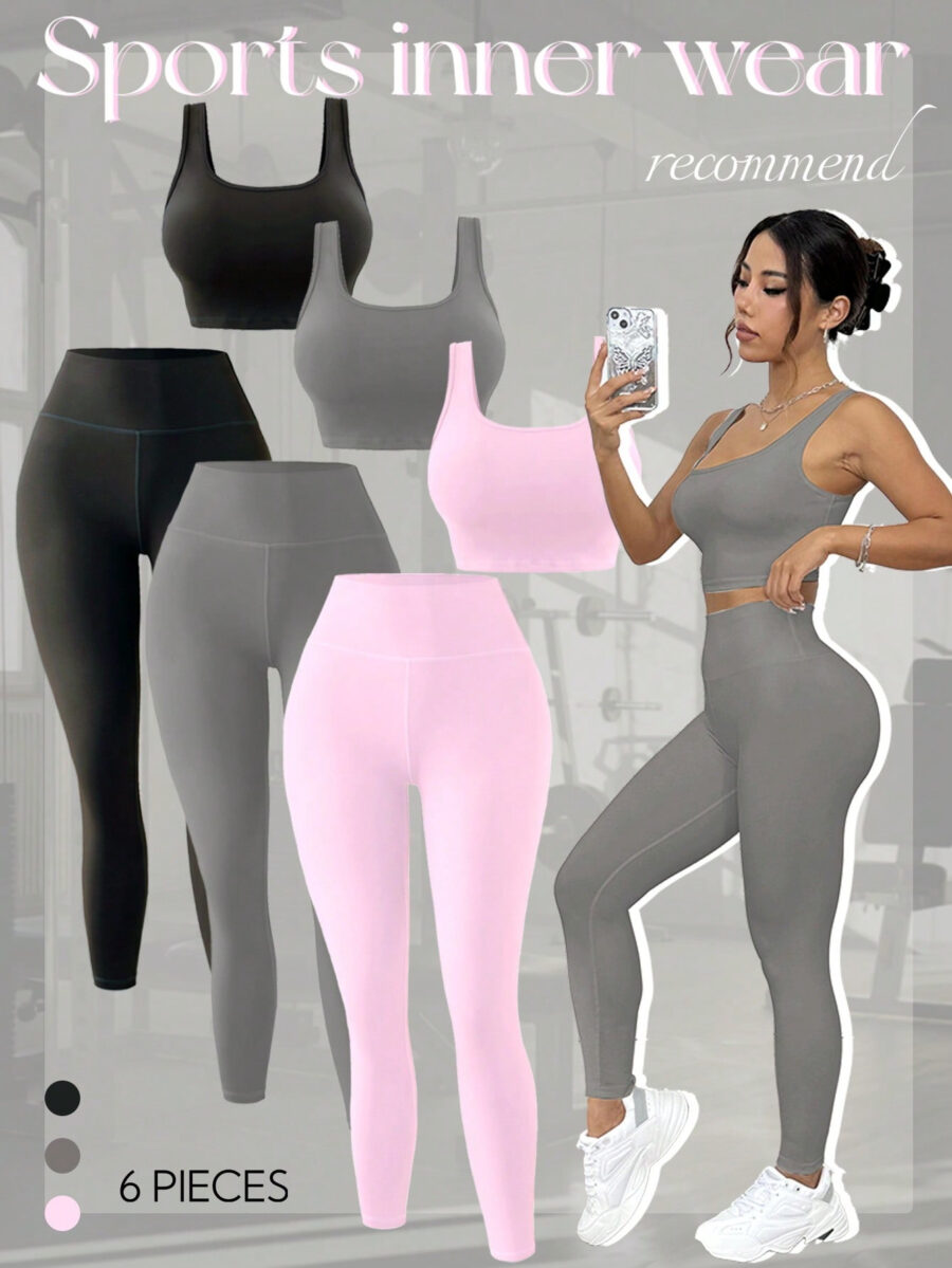 SHABREYA Sport Studio Women's 6-Piece Yoga Outfit, Including Form-Fitting Scoop Neck Tank Top, High Waisted Leggings, Sexy Butt-Lifting Essential Activewear Sports Set For Workout, Running, Gym Workout Women Set