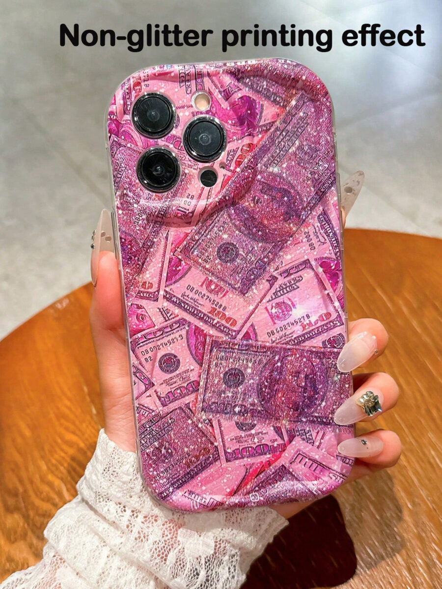 Fashion Pink Glitter Dollar Bill Pattern Shockproof Phone Case Compatible With IPhone 13 Pro Max, 13, 15, 12/12 Pro, 11, 14 Pro Max, XR, 14 Plus/16/16 Pro Max - Image 2