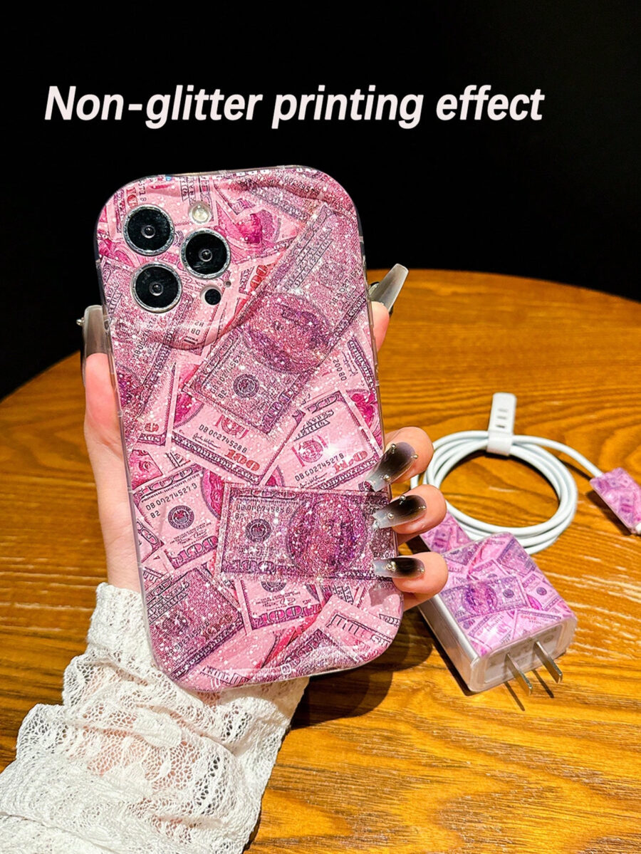 Fashion Pink Glitter Dollar Bill Pattern Shockproof Phone Case Compatible With IPhone 13 Pro Max, 13, 15, 12/12 Pro, 11, 14 Pro Max, XR, 14 Plus/16/16 Pro Max - Image 8